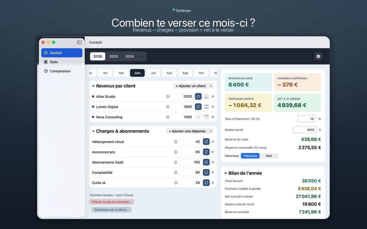 Capture Mac SeVerser : cockpit avec revenus, charges, provision et net à te verser
